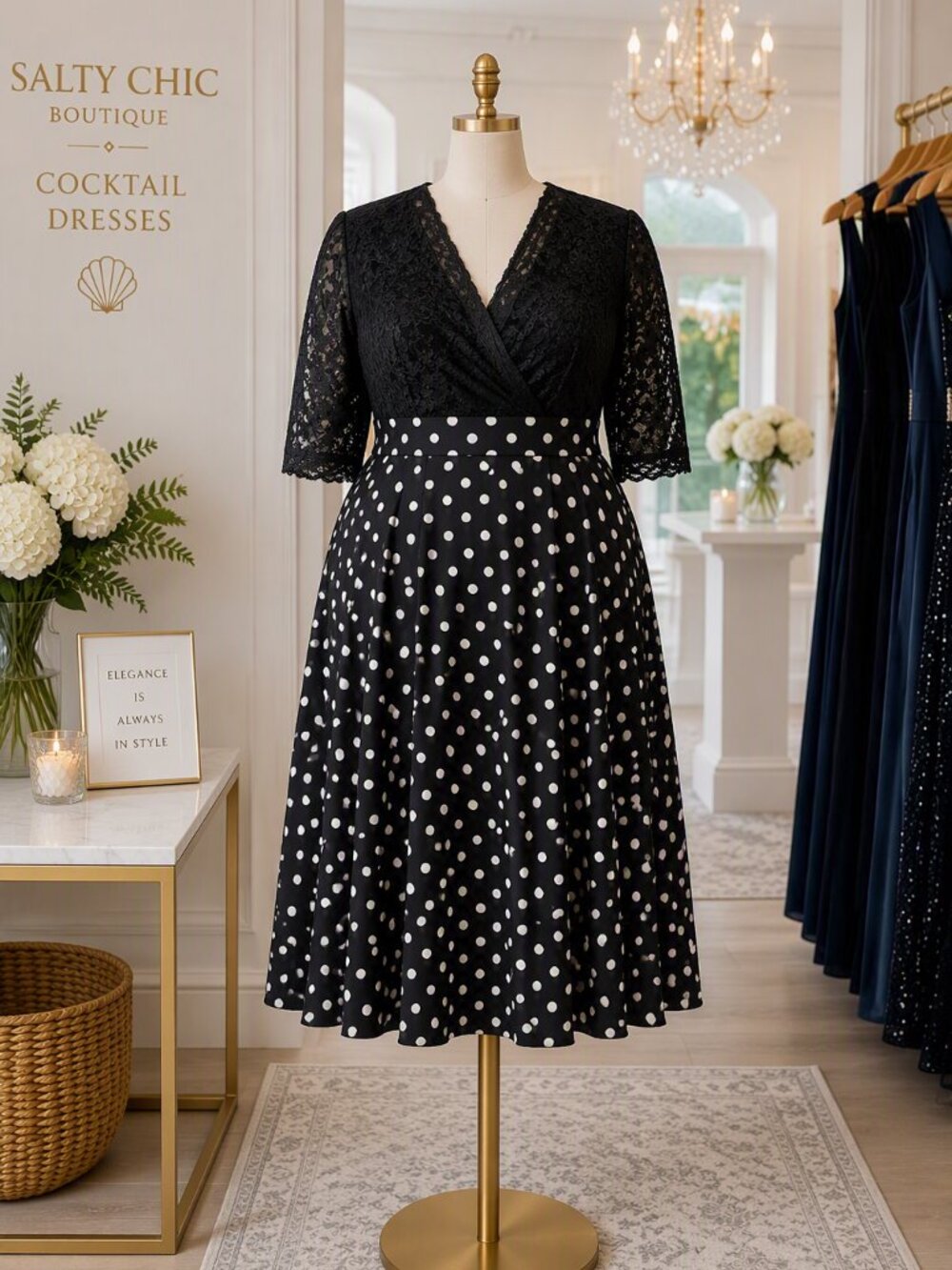 Lace top Dress Pinup Fashion Black Lace Top Polka Dot Midi Dress Plus size